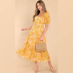 MINKPINK Blaise Midi Dress Paisley Square Neck Boho Puff‎ Sleeve Empire Waist M